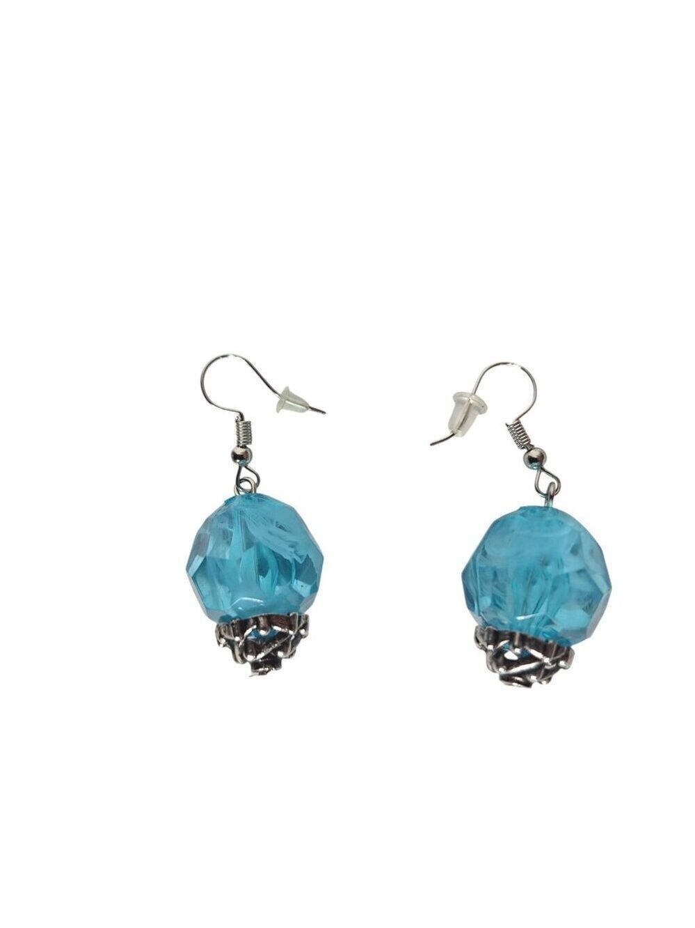 Blue Bead Dangle Earrings Silver Tone